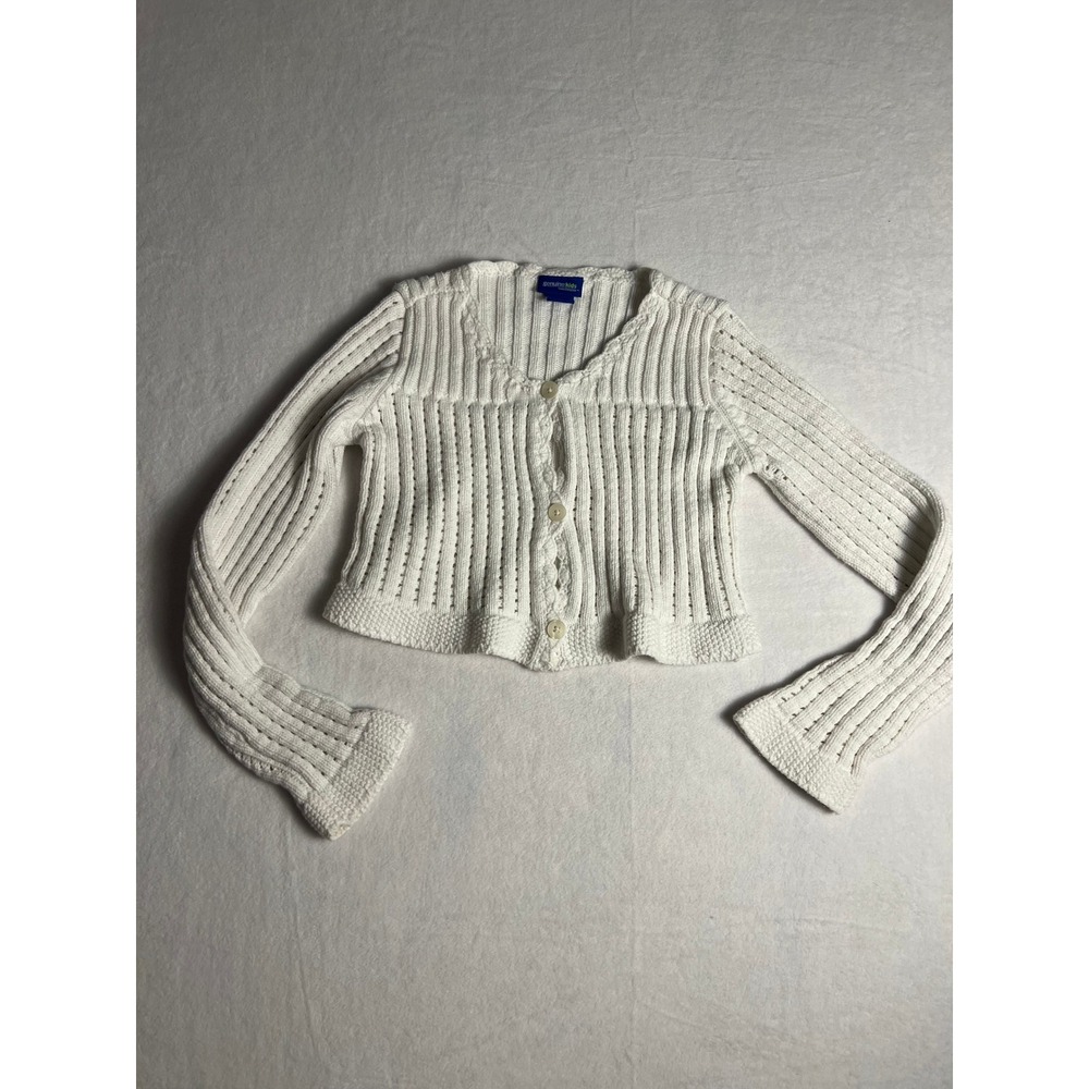 Genuine Kids Cardigan Sweater Girl 10 White Ribbed Pointelle Scalloped Button Up